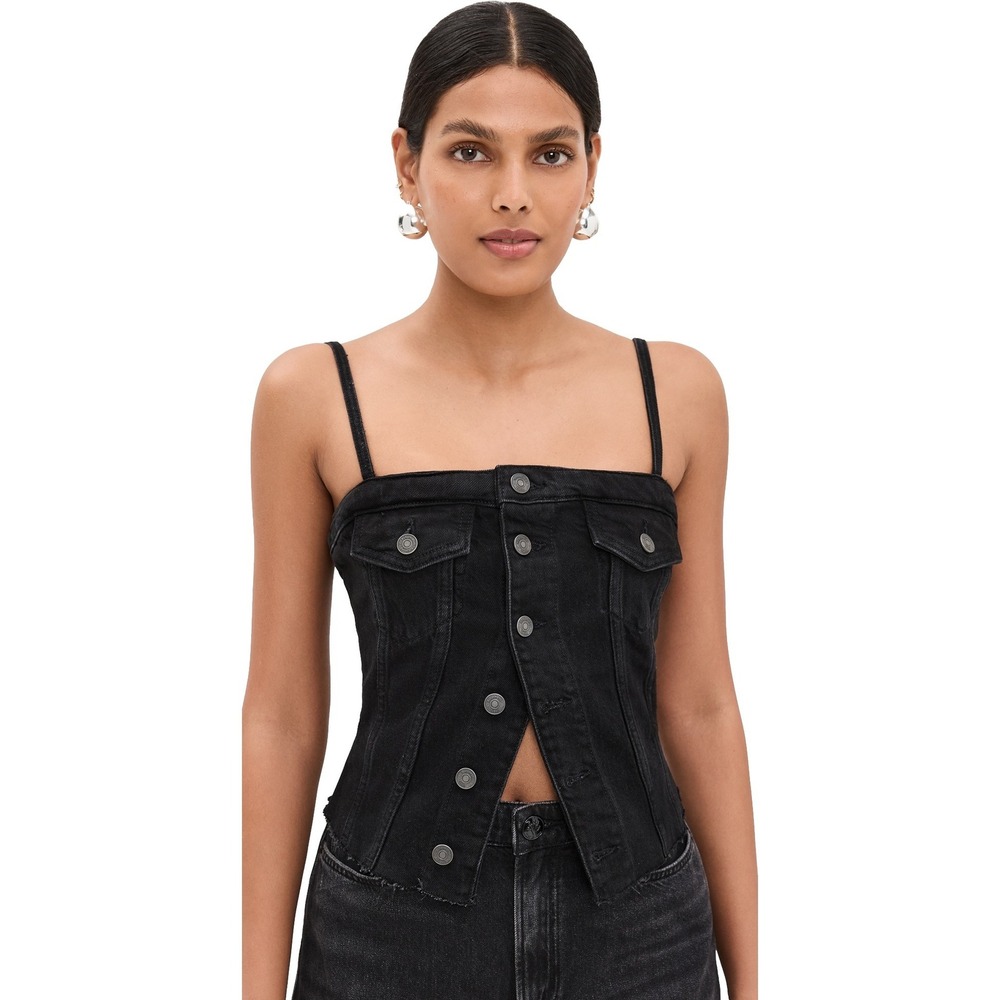 Reformation Coco Denim Bustier Top Black Button Front Raw Hem Camisole Size 12